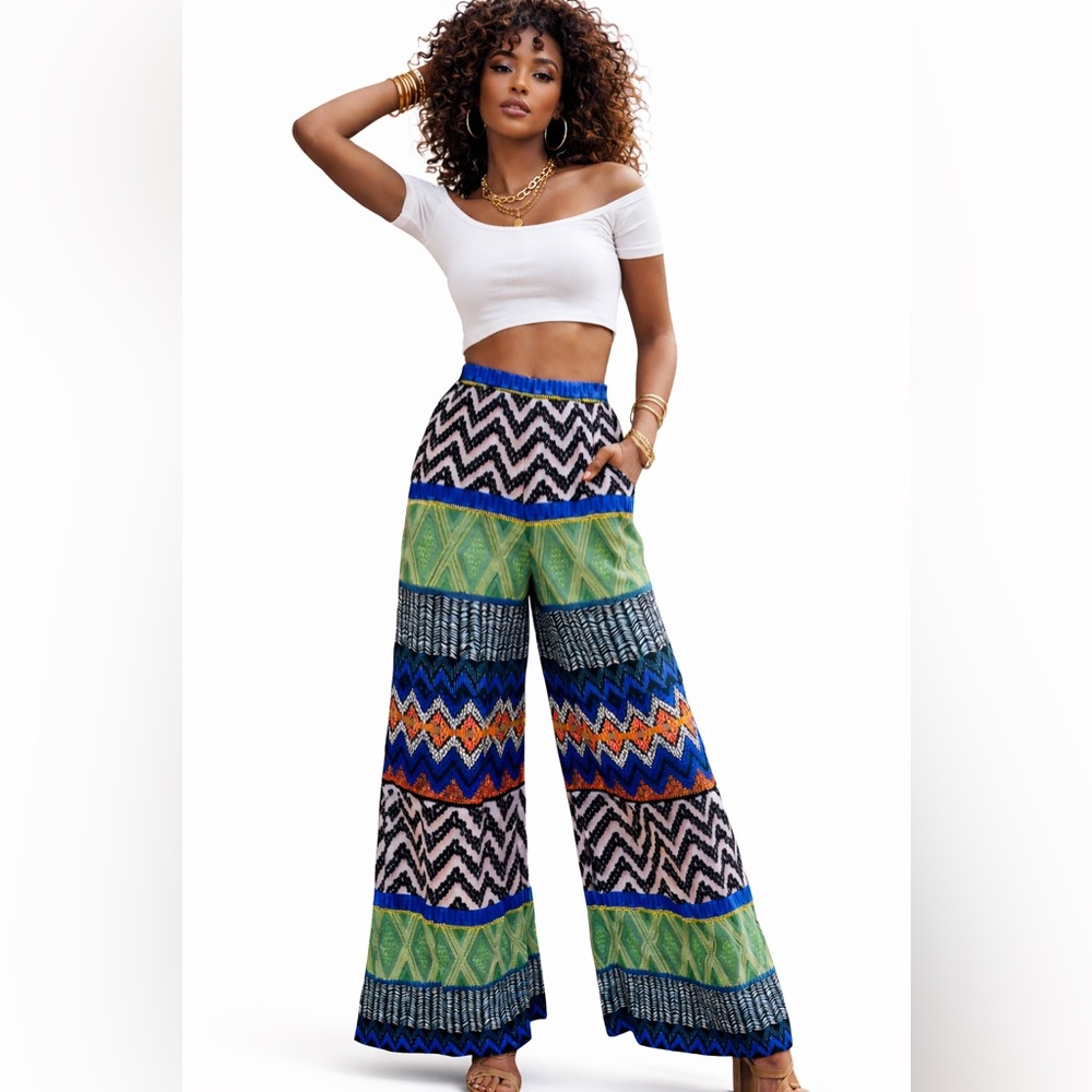 Gianni Bini Boho Geometric Festival Pattern Wide Leg Palazzo Pants - Small